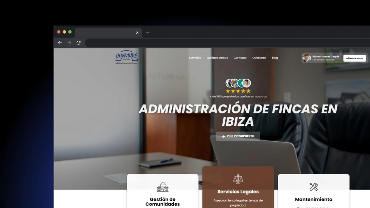 Web especializada en servicios de administración de fincas en Ibiza. Diseñada con WordPress y Elementor.