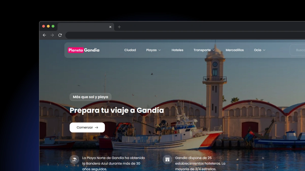 Web gratuita con información completa sobre Gandía. Creada con WordPress y Elementor, con una interfaz llamativa y una navegación intuitiva para los usuarios.