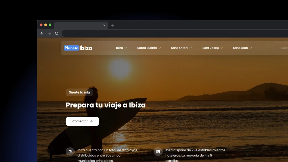 Web gratuita con información completa sobre Ibiza. Creada mediante WordPress y Elementor, con una interfaz atractiva y una navegación intuitiva.