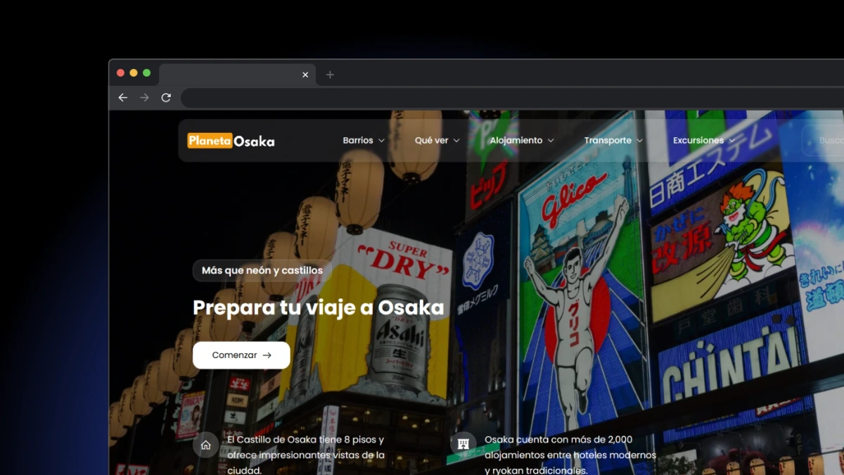 Web gratuita con información completa sobre Osaka. Creada con WordPress y Elementor para proporcionar una experiencia de usuario atractiva y fácil de navegar.