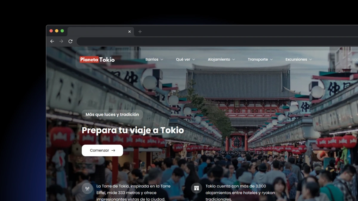 Web gratuita con información completa sobre Tokio. Creada con WordPress y Elementor para proporcionar una experiencia de usuario atractiva y fácil de navegar.